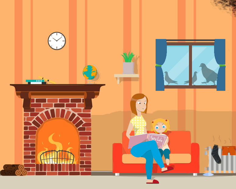 Mother and child sat on a couch in a room with property care issues