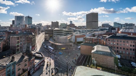 Aerial view of Manchester street and buildings