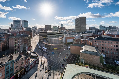 Manchester Aerial view of Manchester street and buildings
