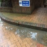 Closeup of pavement gutters with poor drainage and pooling water