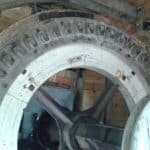 Closeup of wooden windmill turbines