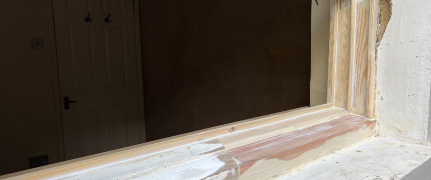 Close up of repairs carried out to a Timber window frame