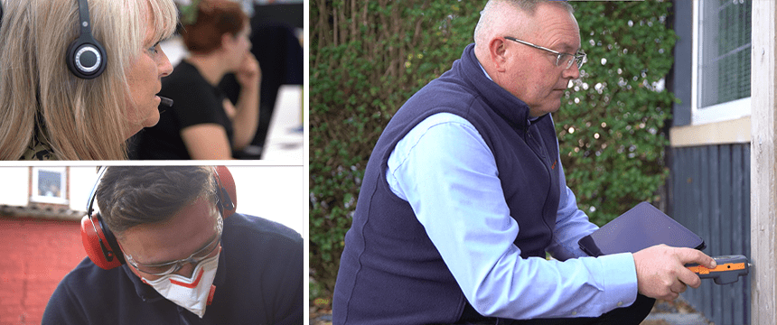 Customer service lady, male technician and male surveyor collage