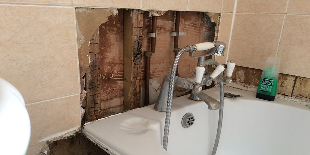 Exposed wet rot decaying timbers behind a bath tub in a bathroom